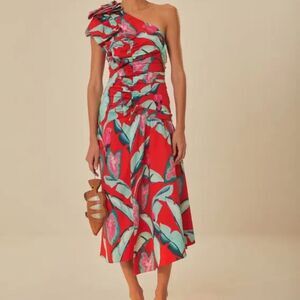 Farm Rio Summer Foliage Red One Shoulder Maxi Dress Summer foliage red NWT L